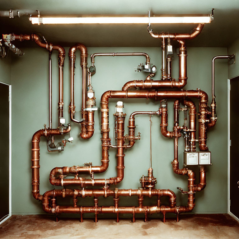 Intricate copper pipe network with valves and gauges on green wall