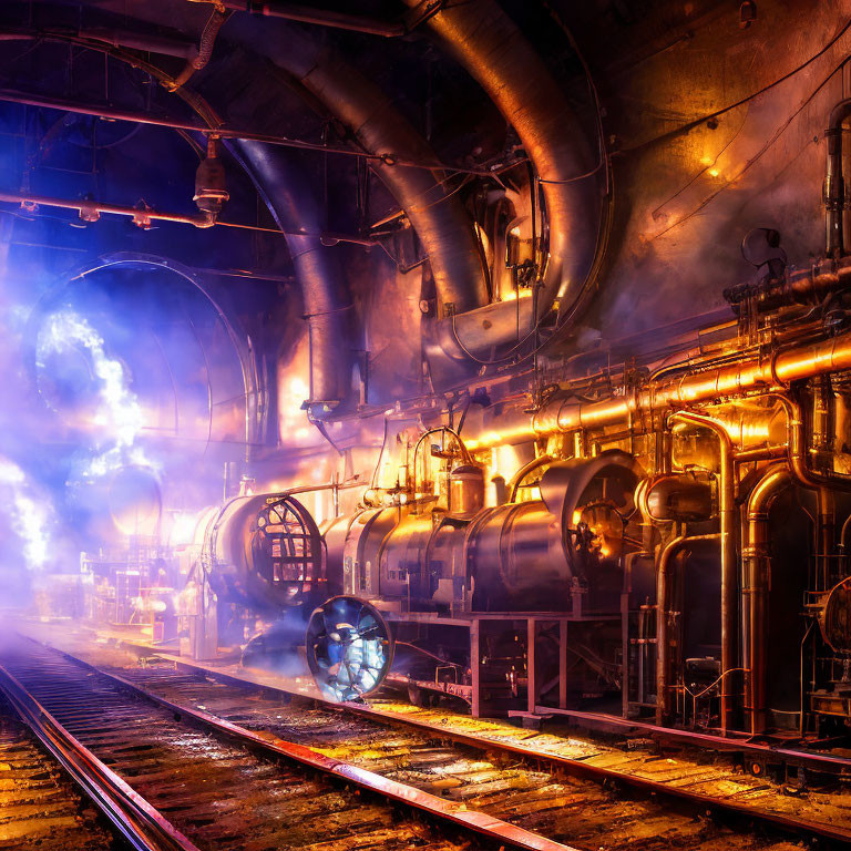 Industrial scene with boilers, pipes, valves in eerie blue and orange glow