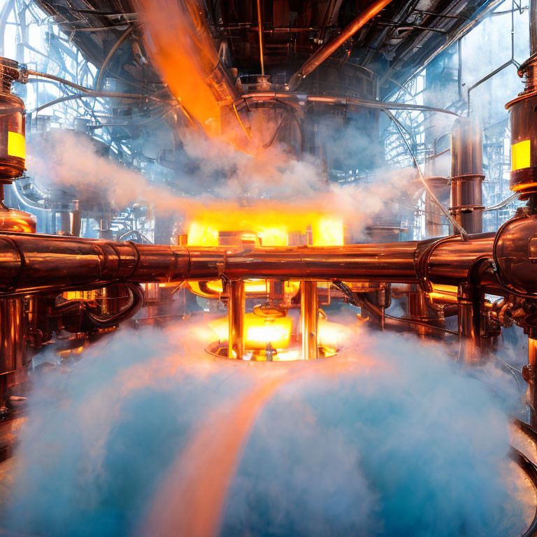 Industrial interior with pipes and glowing furnaces emitting steam and smoke