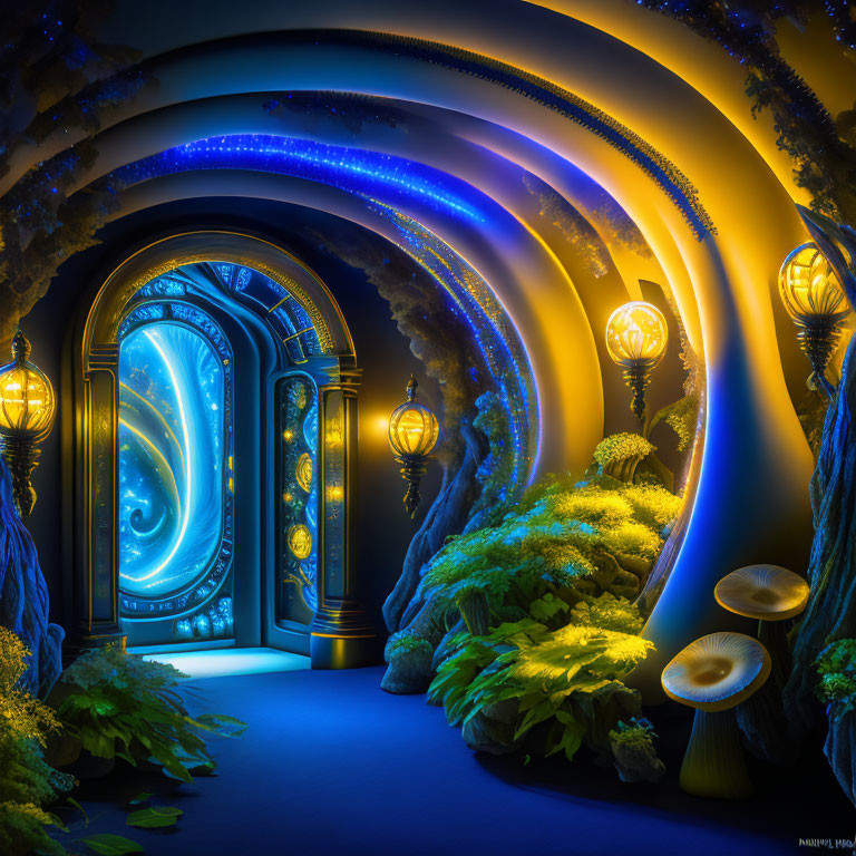 Fantastical glowing blue doorway in mystical dark space