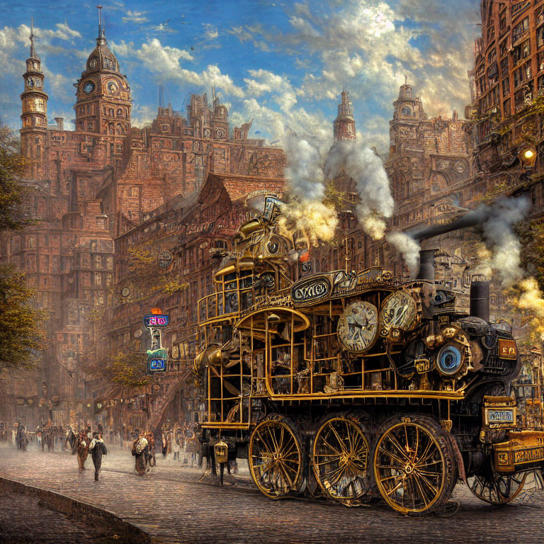 Victorian-era steam bus on cobblestone street with clock tower and pedestrians.
