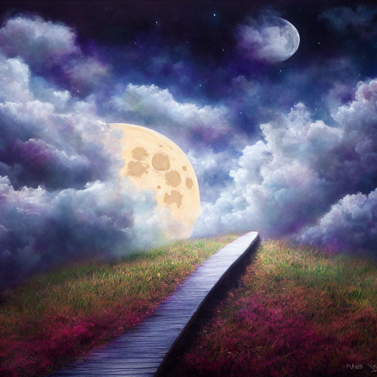 Surreal painting of wooden pathway to detailed moon in starry sky