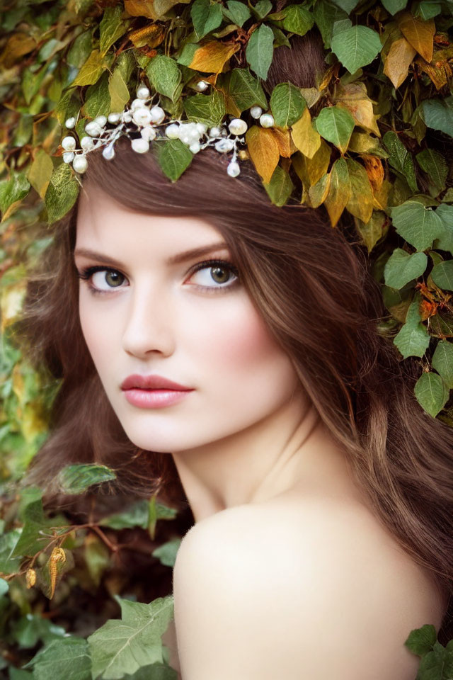 Woman with floral tiara in green leaf background exudes natural beauty