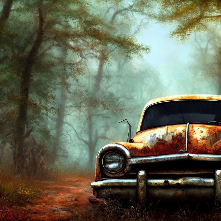 Rusted car on misty forest path with overgrown trees