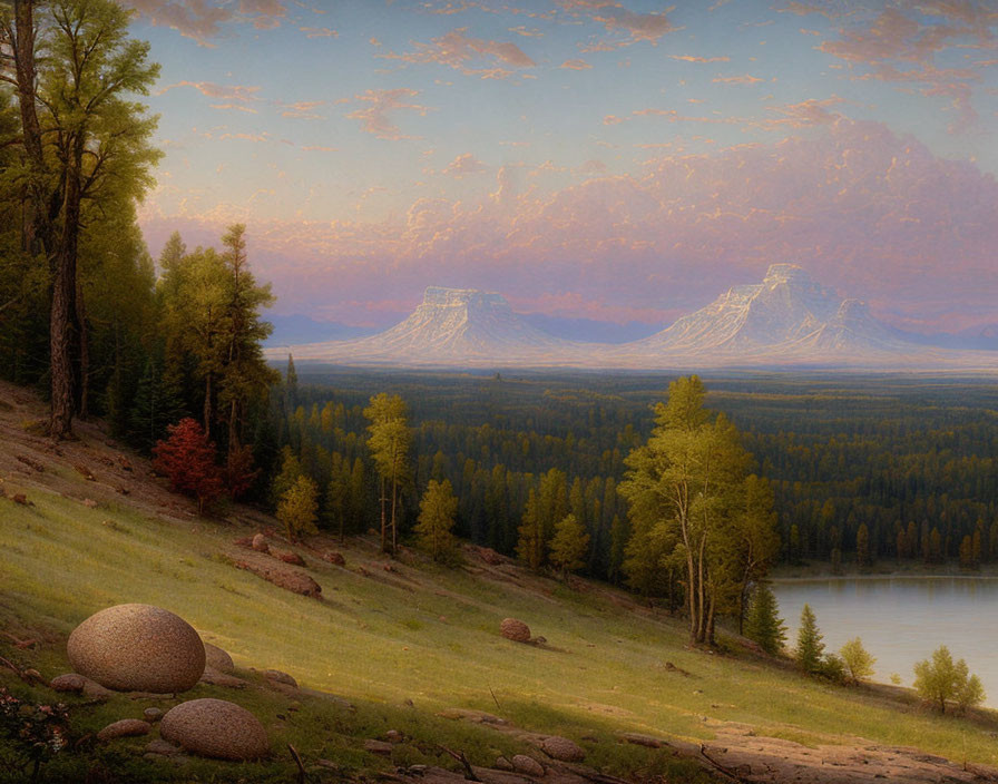 Tranquil landscape with lake, hills, and flat-topped mountains at dawn or dusk