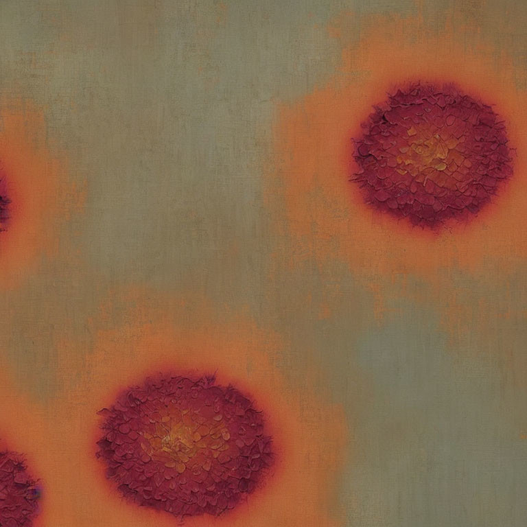 Textured red and orange circles on brown canvas - abstract background with floral resemblance