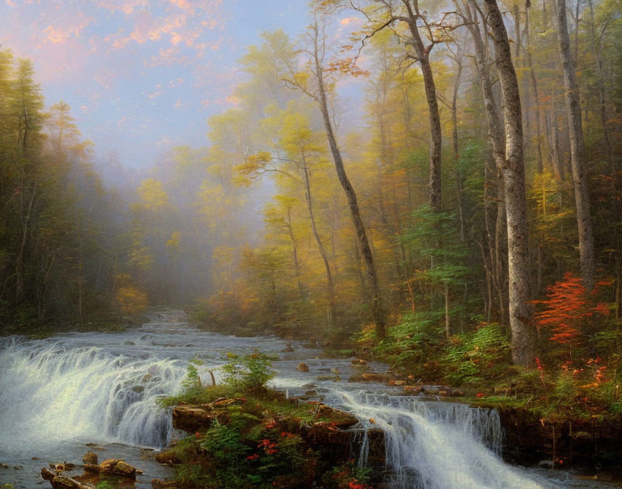 Autumn forest waterfall with vibrant fall colors