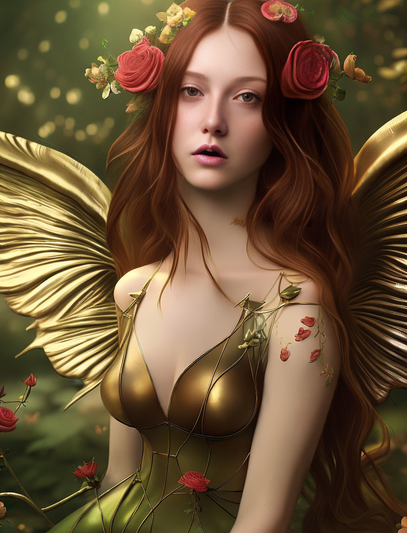 Woman with Golden Butterfly Wings and Floral Adornments