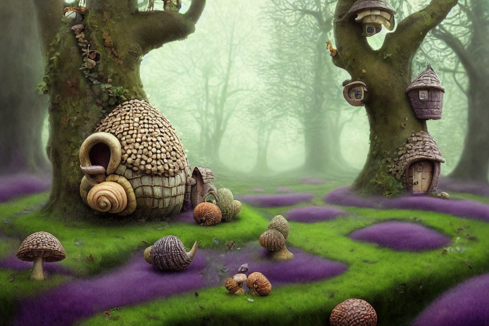 Whimsical enchanted forest with treehouses, snail-shell structures, and mushroom homes among purple flora