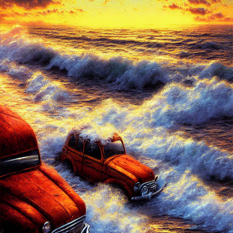 Vintage Cars Submerged in Turbulent Sea Waves at Sunset