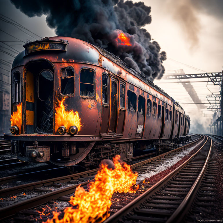 Burning train with black smoke on industrial railroad tracks