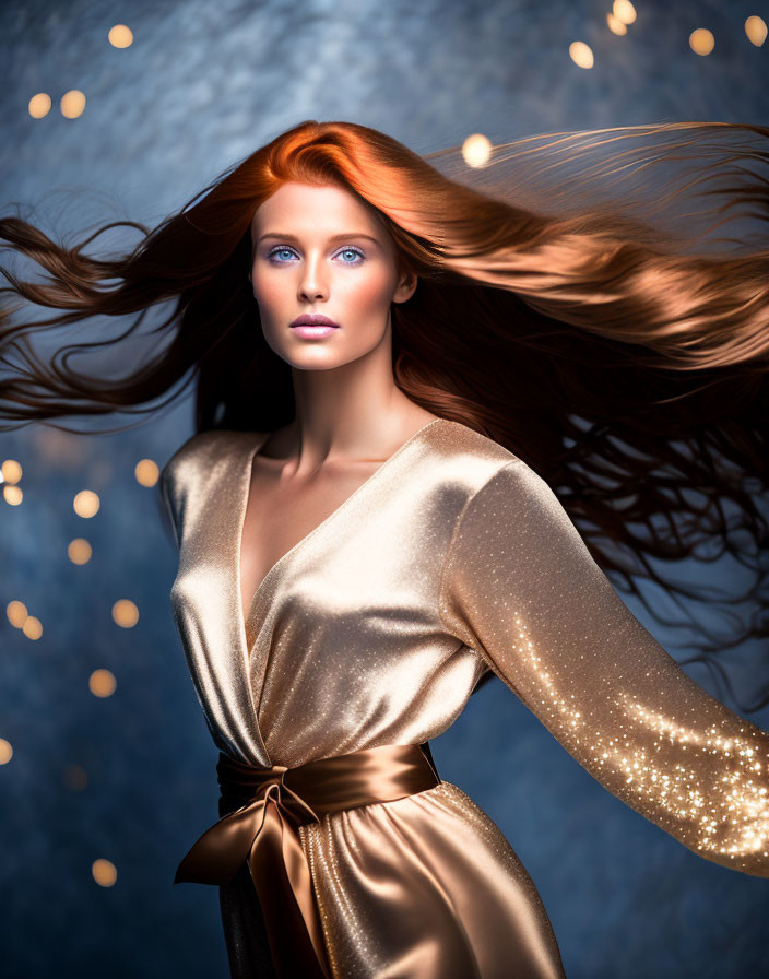 Woman with Auburn Hair in Gold Dress Against Soft Golden Lights