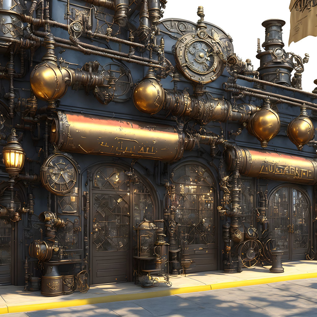 Steampunk architecture with brass pipes, gears, clocks, and glowing lamps