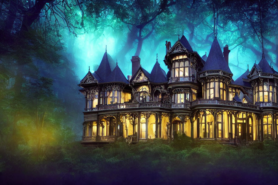 Victorian mansion in misty forest at twilight
