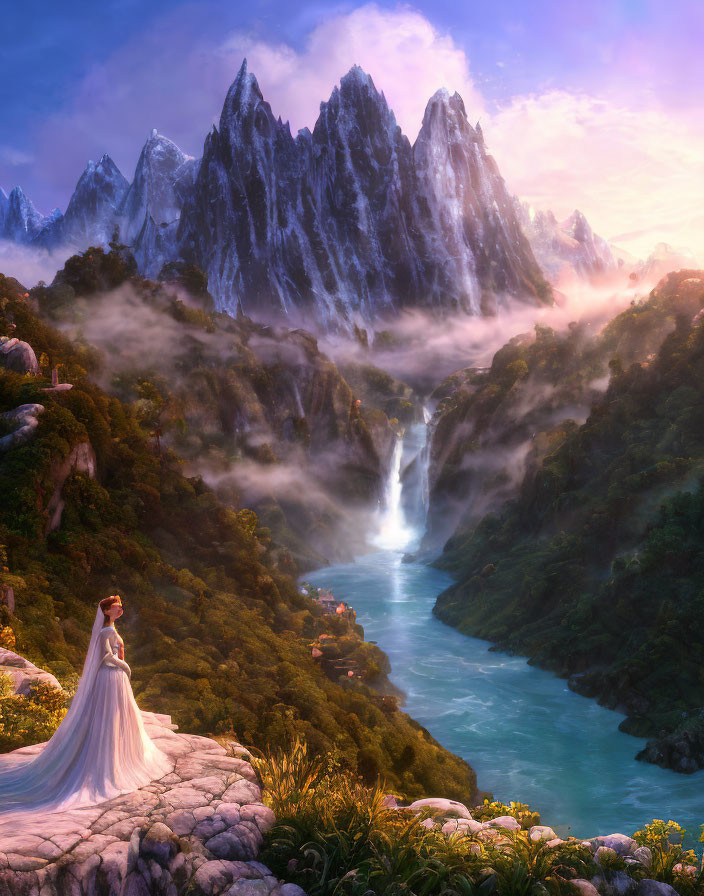 Woman in White Gown Admiring Majestic Mountain Vista