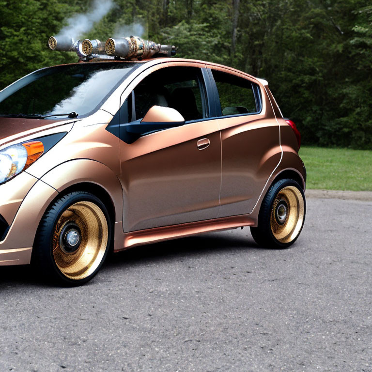 Bronze Compact Car with Gold Wheels and Roof-Mounted Canons on Asphalt Road