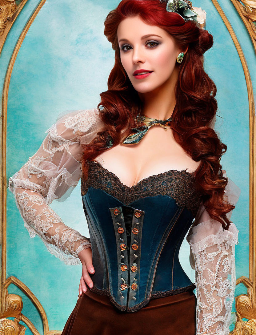 Red-haired woman in vintage blue corset against teal backdrop