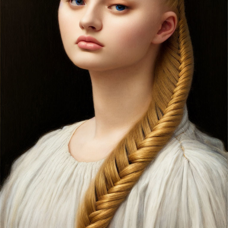 Portrait of young woman with braid, pale skin, blue eyes, white garment.