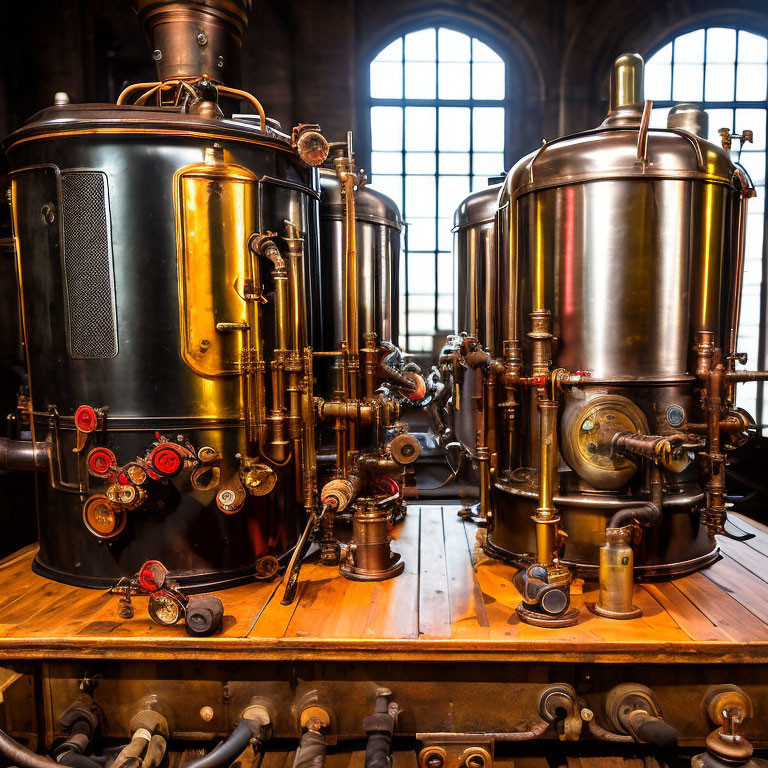 Vintage Brass and Copper Distillation Units with Gauges and Pipes on Wooden Floor in Dimly Lit Room