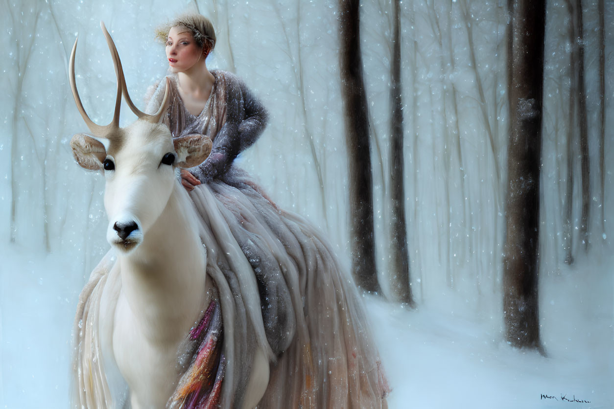 Woman in ornate gown riding white stag in snowy forest