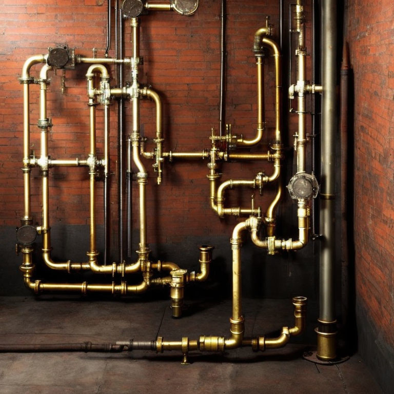 Brass pipes, valves, and pressure gauges on brick wall