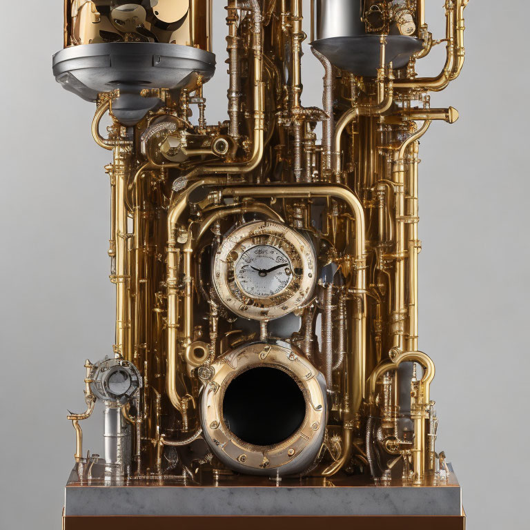 Brass steampunk apparatus with pipes, gauges, and valves