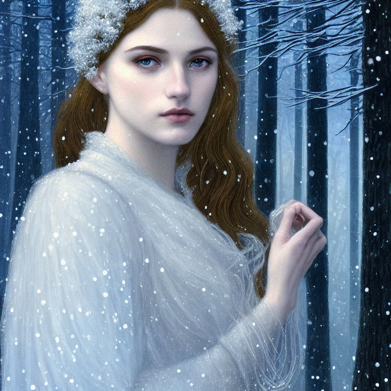 Pale-skinned woman with brown hair in snowy forest portrait.