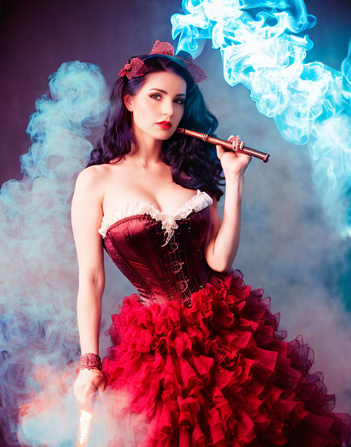 Woman in red ruffled dress with cigarette holder in atmospheric setting