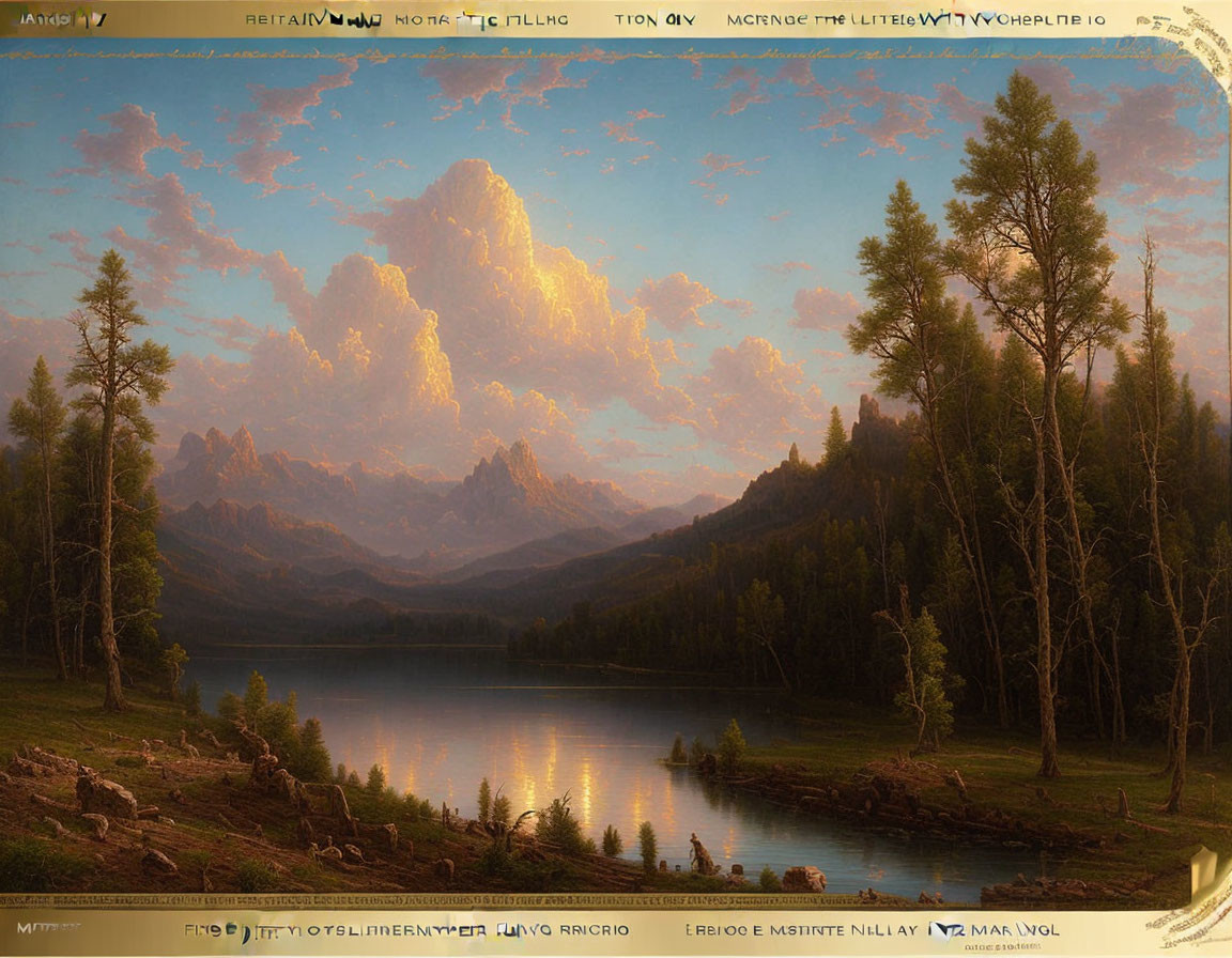 Tranquil landscape: serene lake, lush trees, mountains, golden sky