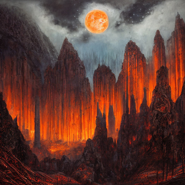 Fiery volcanic landscape under red moon.