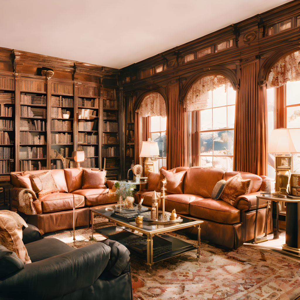Traditional library with leather sofas, wooden bookshelves, and cozy ambiance