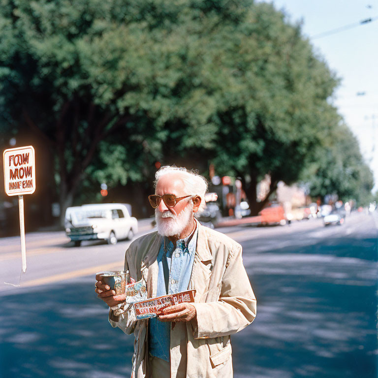 Elderly man with chessboard and cup on sunlit street with vintage cars and "Foam