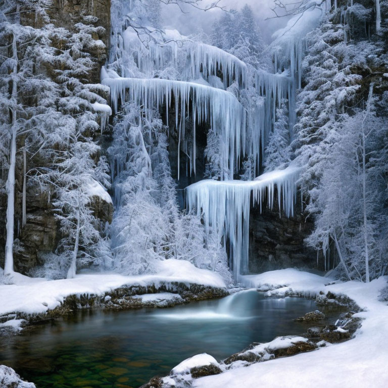 Snow-covered trees and frozen waterfall in serene winter landscape