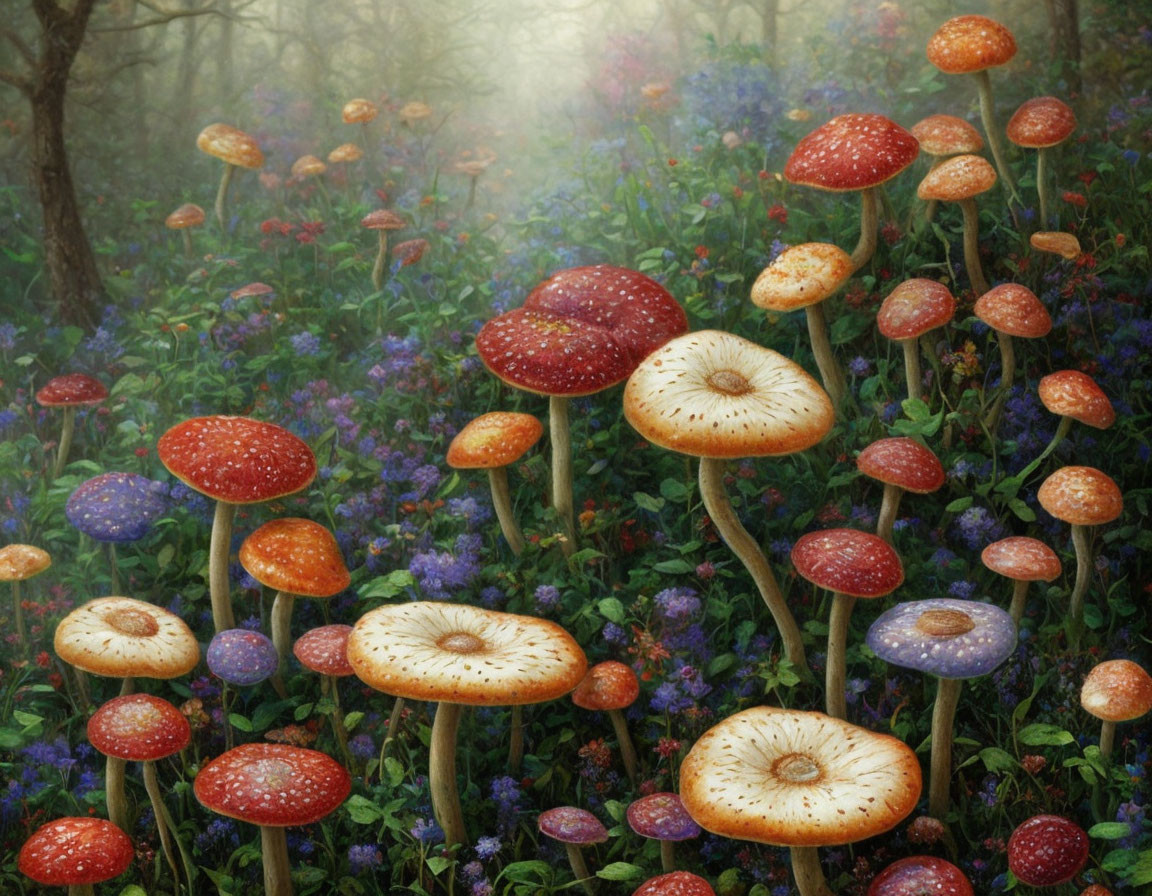 Colorful Mushroom Forest Scene with Misty Atmosphere