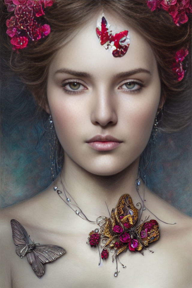 Woman wearing floral headpiece and butterfly necklace against ethereal backdrop