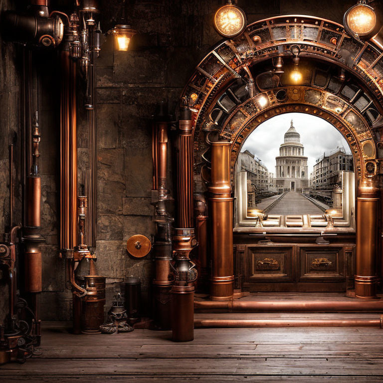 Steampunk portal with copper pipes and Victorian details overlooking United States Capitol Building
