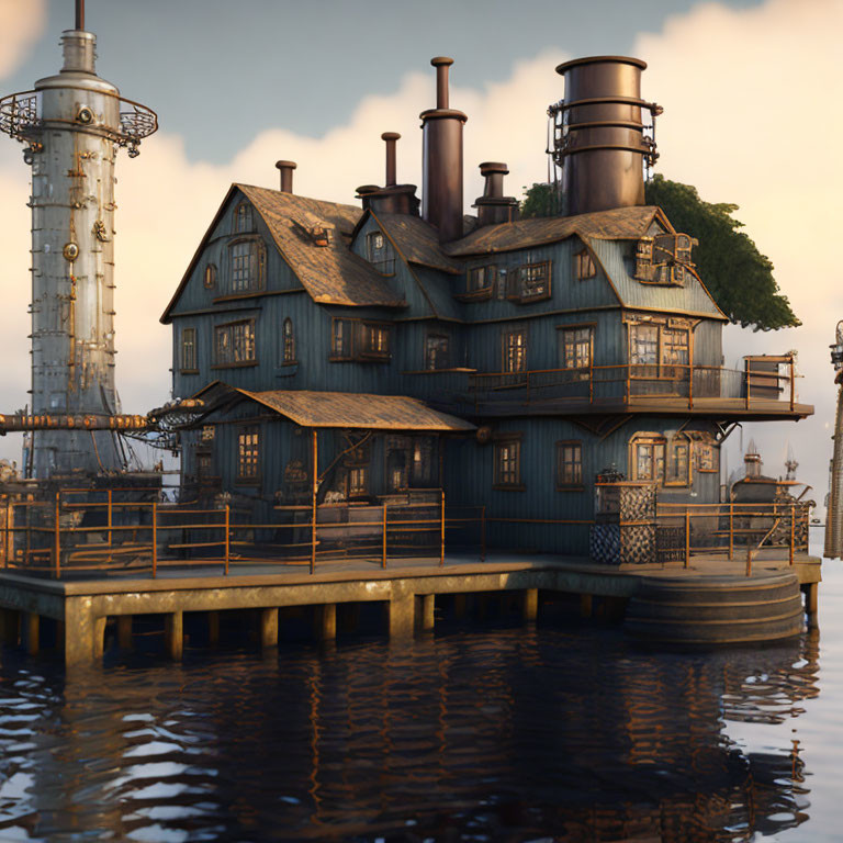 Rustic waterfront house with balconies and chimneys, industrial tower against evening sky