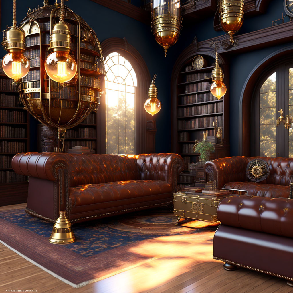 Vintage library with leather sofas, brass lamps, wooden bookshelves, books, and warm lighting