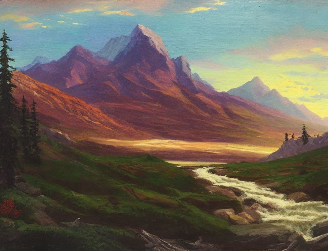 Scenic landscape painting of mountain range and river at sunset