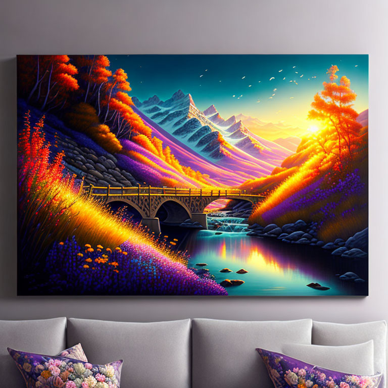 Colorful mountain landscape painting with bridge and river displayed above sofa