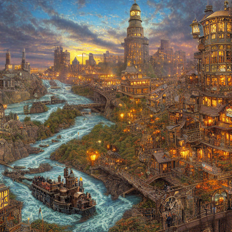 Detailed Steampunk Cityscape at Sunset with Illuminated Buildings