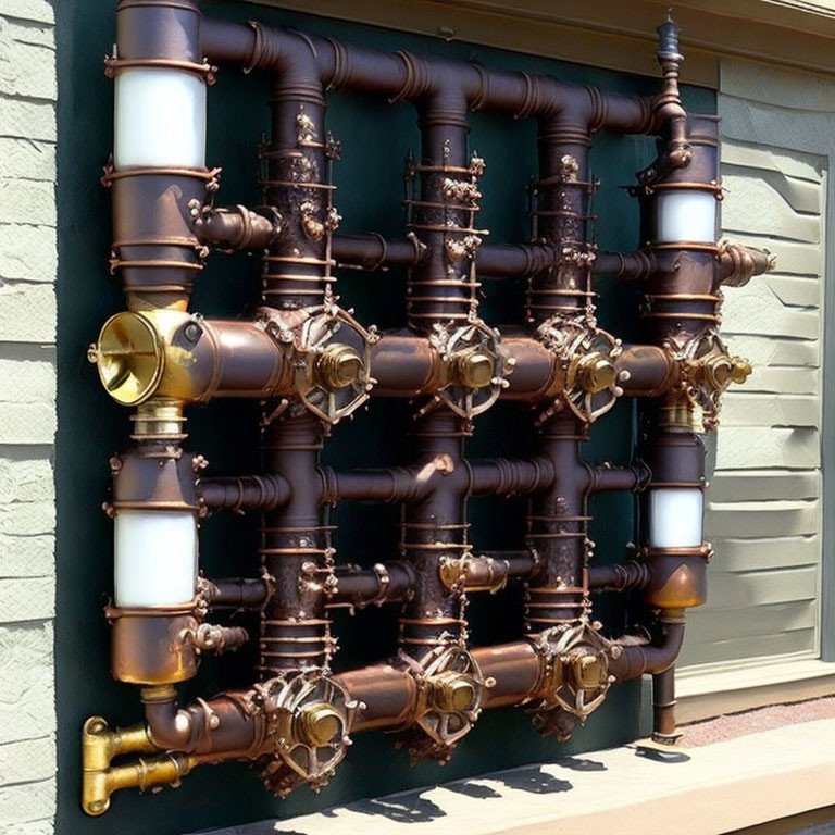 Brown and Gold-Toned Pipes with Valves and White Lamps on Building Wall