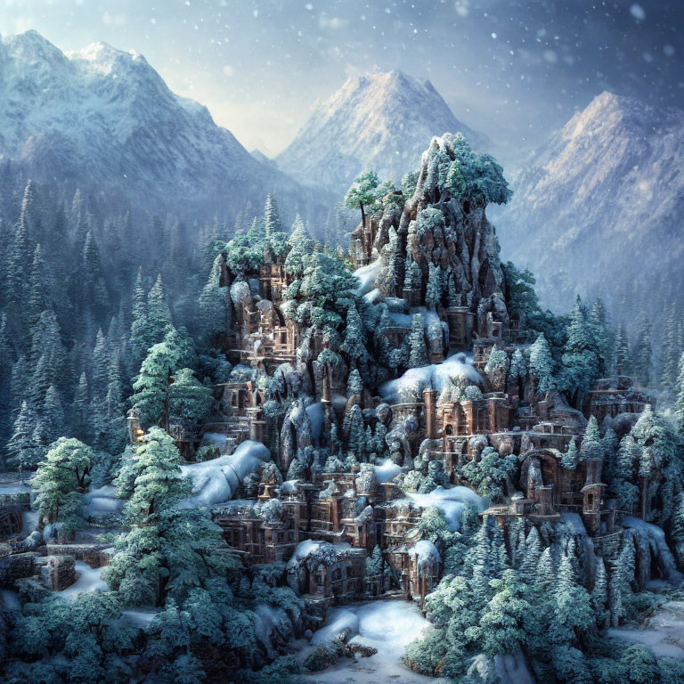 Snow-covered stone temple in frosty forest with snow-capped mountains