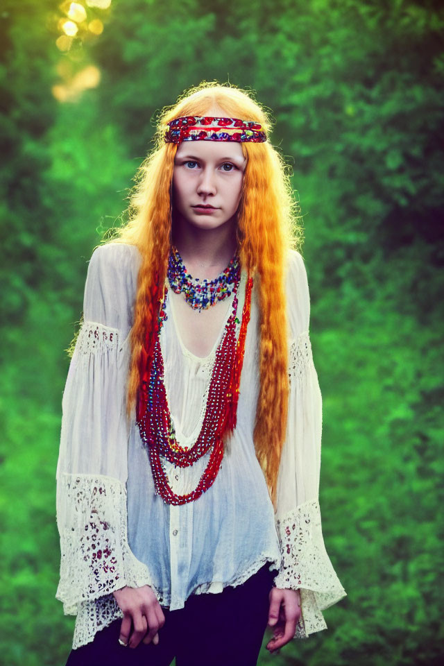 Young woman with bright orange hair in bohemian attire against green backdrop
