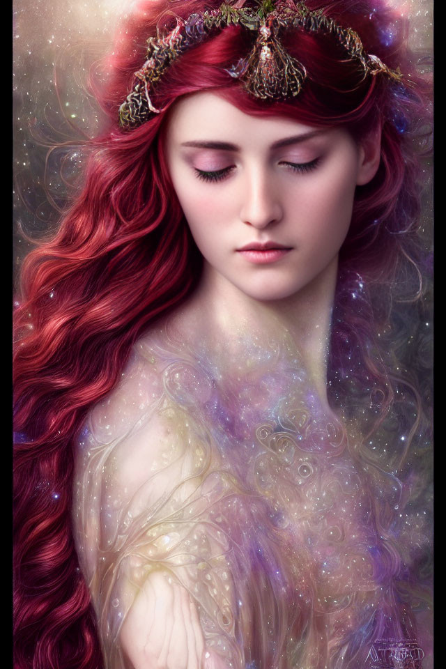 Vibrant red-haired woman in cosmic gown and leafy crown