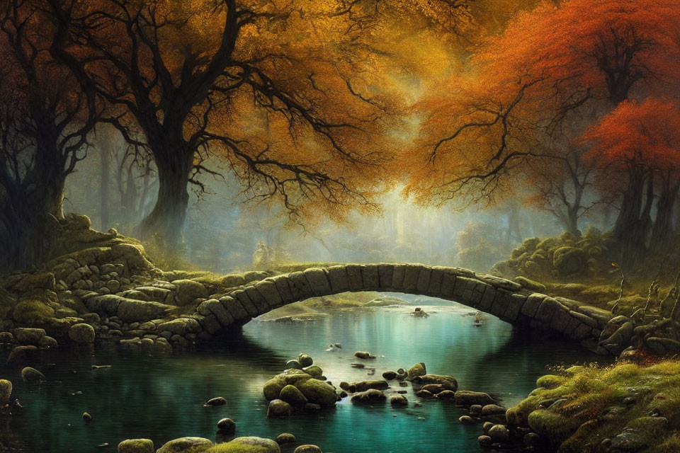 Stone arch bridge over tranquil stream in mystical autumn forest