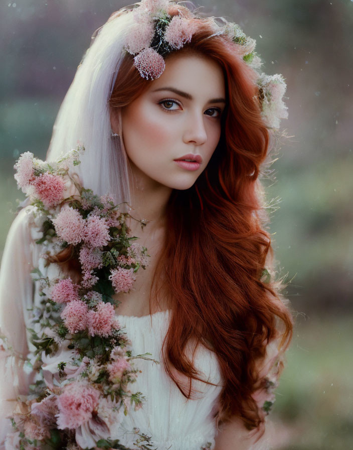 Woman with Long Red Hair in Floral Headpiece Surrounded by Pink Blossoms