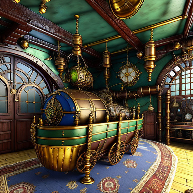 Steampunk submarine interior with brass and green details, gears, portholes, Victorian design elements
