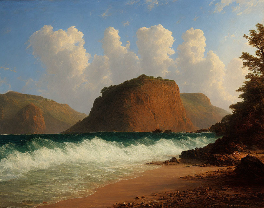 Scenic painting of rugged coastline and mountains