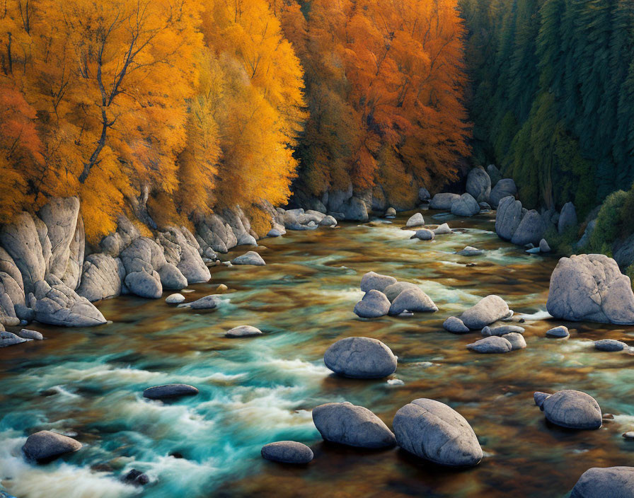 Tranquil river with autumn trees and rocks in soft light